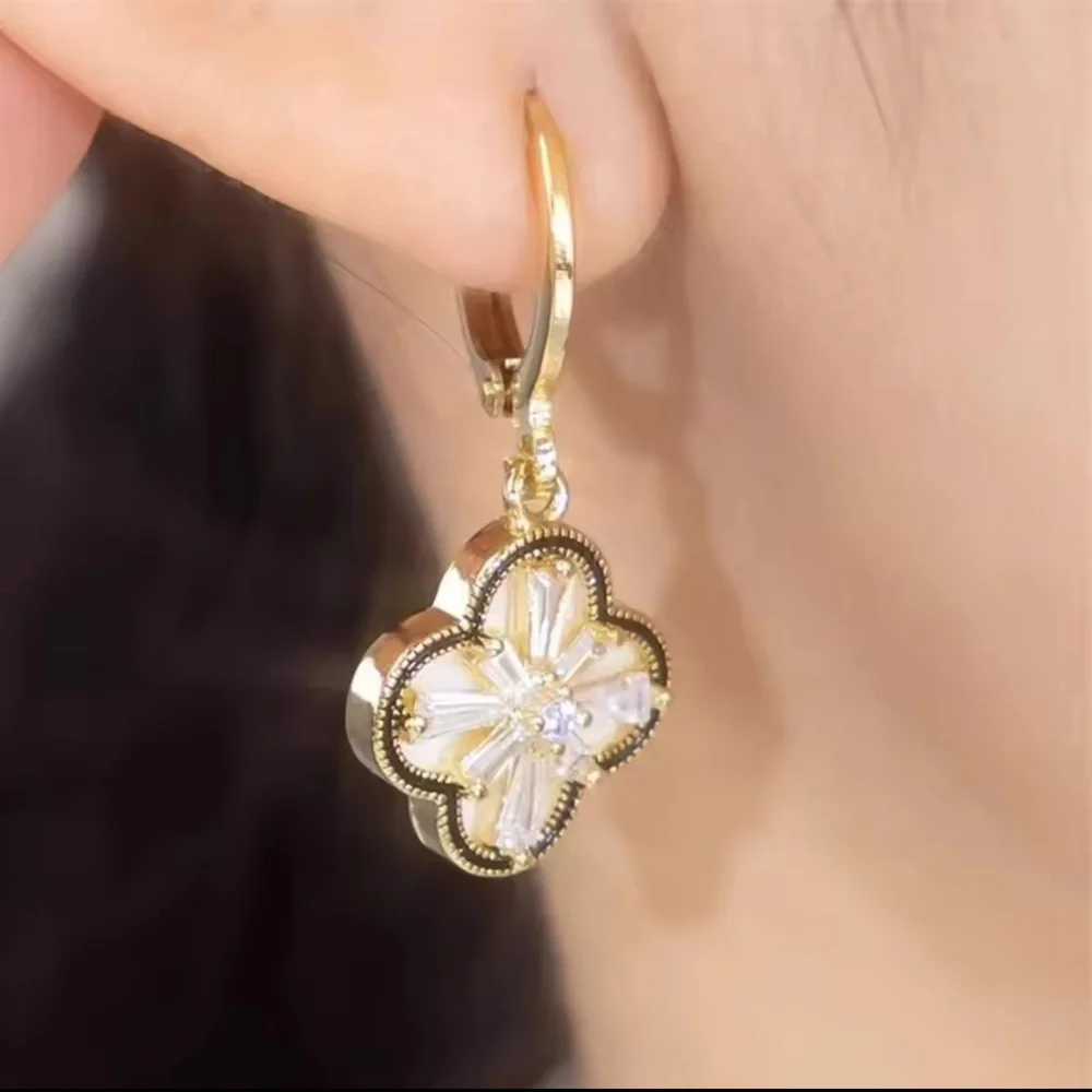 Clover Earrings Elegant Two-Sided Four-Leaf Clover Earrings โ Gold Plated - Picture 1 of 15
